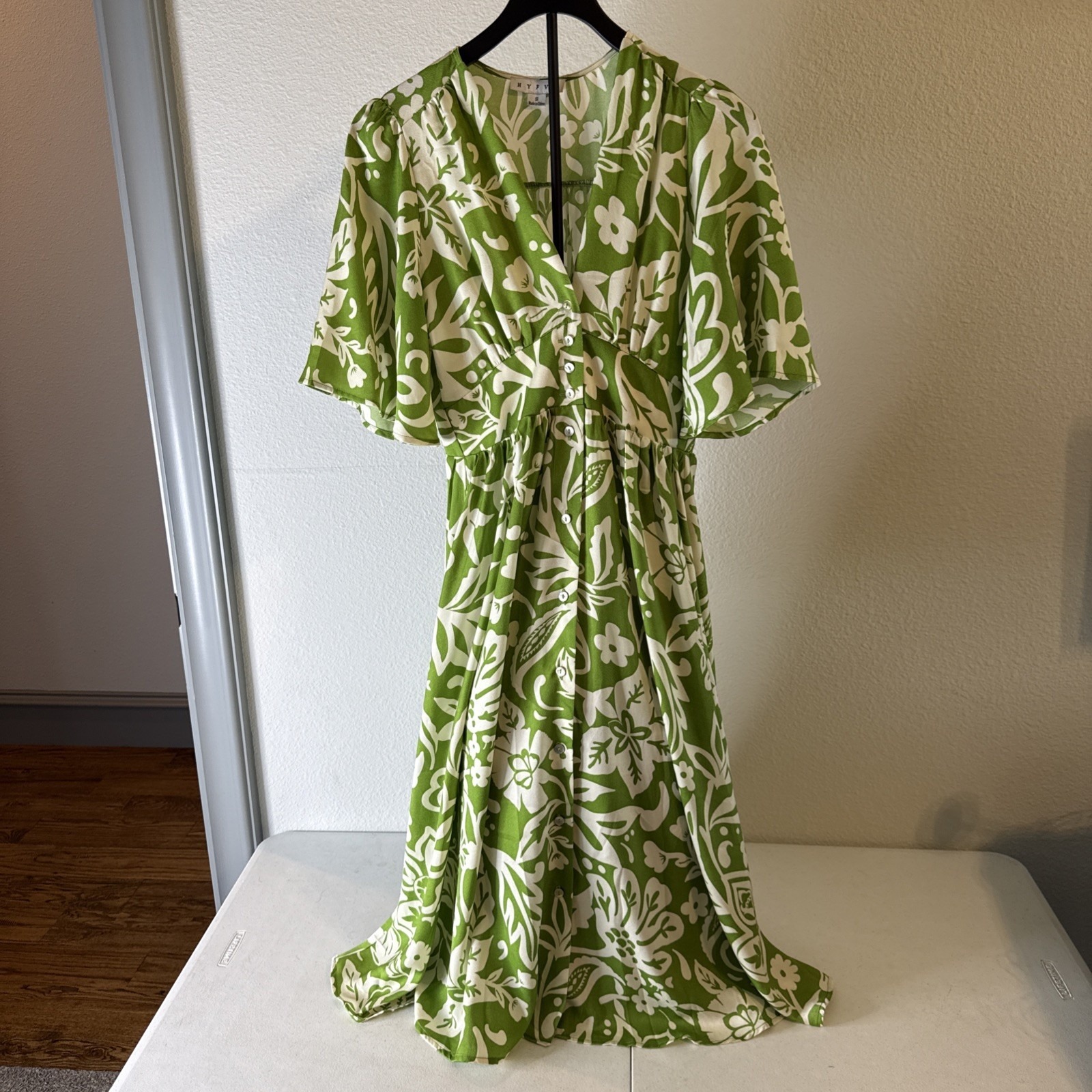 Hyfve Women's Smocked Tiered Maxi Dress Green & White Floral Print Size S